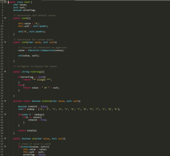 public class Card { char value; Suit suit; boolean errorFlag: // Constructor with default values public Card(){ this.value =