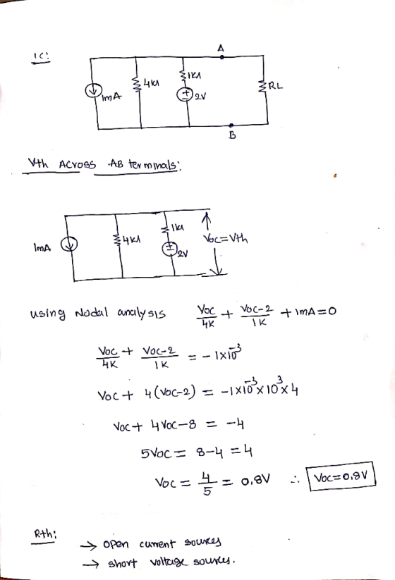 LC 4K ERL mA Ith Across AB terminals: Voc=&th Ima ♡ 4K4 K using Nodal analysis Voc + VOC-2 + Ima=0 Yo vent voce - Ixvā Voc+ 4