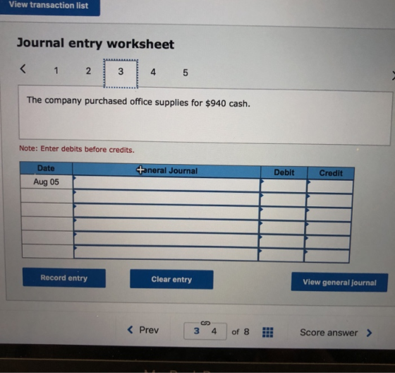 View transaction list Journal entry worksheet < 1 2 3 4 5 The company purchased office supplies for $940 cash. Note: Enter de