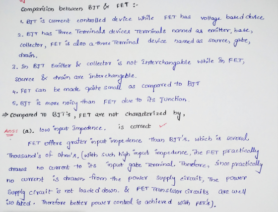 Comparision between BIT & FET :- 1. BIT is current controlled device while FET has voltage based device 2. BTT has Three Term