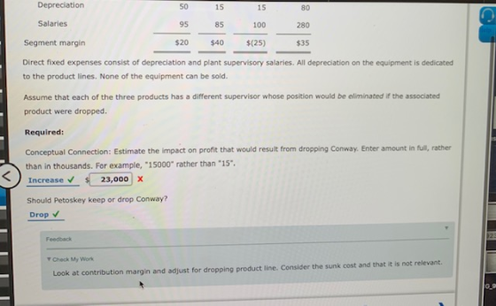 Depreciation Salaries 15 85 $40 80 280 95 15 100 $(25) Segment margin $20 $35 Direct fixed expenses consist of depreciation a