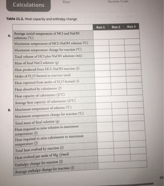 Date Section Code Calculations Table 11.2. Heat capacity and enthalpy change. Run 1 Run 2 Run 3 Average initial temperature o