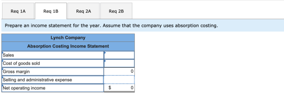 Req 1A Req 1B Req 2A Req 2B Prepare an income statement for the year. Assume that the company uses absorption costing. Lynch