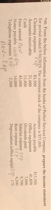 *40. From the below information from the books of Perfect Services Company, prepare the income statement for period ended 9/3