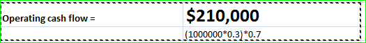 Operating cash flow= $210,000 (1000000*0.3)*0.7.