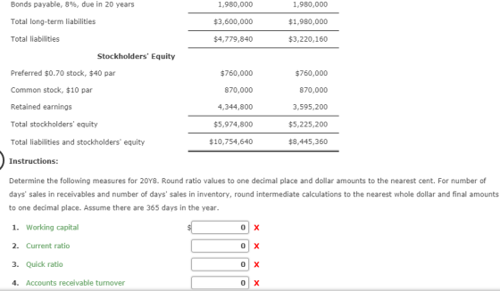 Bonds payable, 8%, due in 20 years 1,980,000 1,980,000 Total long-term liabilities $3,600,000 $1,980,000 Total liabilities $4