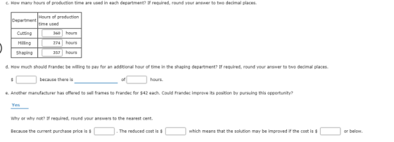 c. How many hours of production time are used in each department? If required, round your answer to two decimal places. Depar
