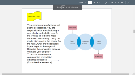Page < > of 17 ZOOM + Press Esc to exit full screen Video Text Entry 8 Work enters Your company manufactures cell phone acces