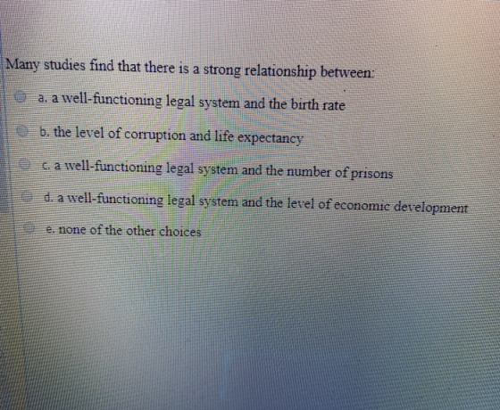 Many studies find that there is a strong relationship between: a. a well-functioning legal system and the birth rate b. the l