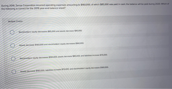 During 2019, Zensa Corporation incurred operating expenses amounting to $160,000, of which $85,000 was paid in cash; the bala