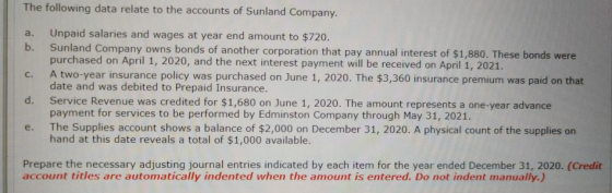 The following data relate to the accounts of Sunland Company. a. b. c. Unpaid salaries and wages at year end amount to $720.