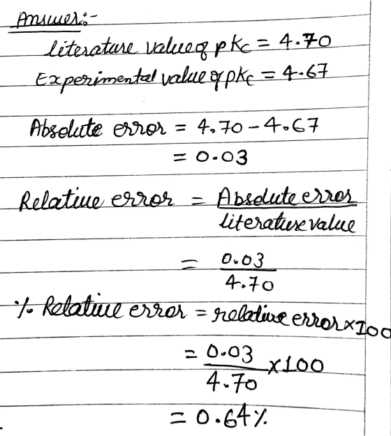 Answer: literature value o pkc = 4.70 Experimentel value o pke = 4-67 Absolute error = 4.70-4067 = 0.03 Relatiue error = Abso