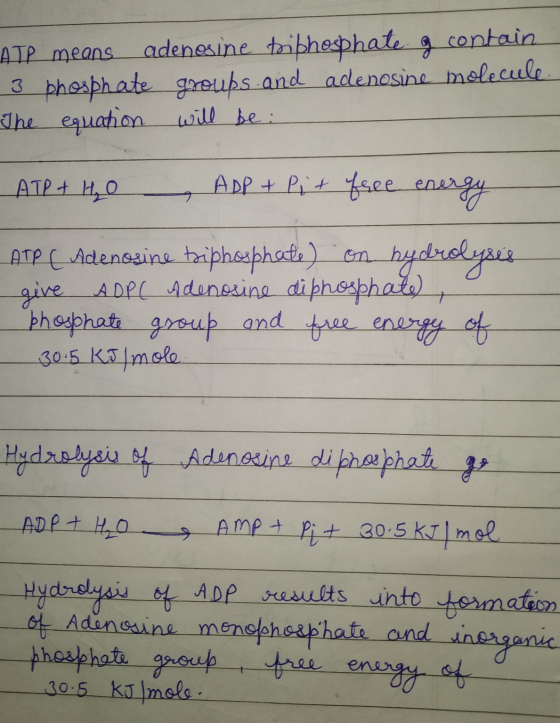 ATP means adenesine triphosphate. g contain 3 bhosphate groups and adenosine molecule The equation will be : ATP + HO ADP + P