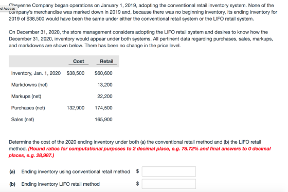 Cheyenne Company began operations on January 1, 2019, adopting the conventional retail inventory system. None of the Ed Acces