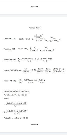 Formula Sheet 1+ Two-stage DOM Equity-Div + .1 Two-stage Equity-BV, *** RL R L K-9.7°+ / Intrinsie PE ratio P. Payout raio (1