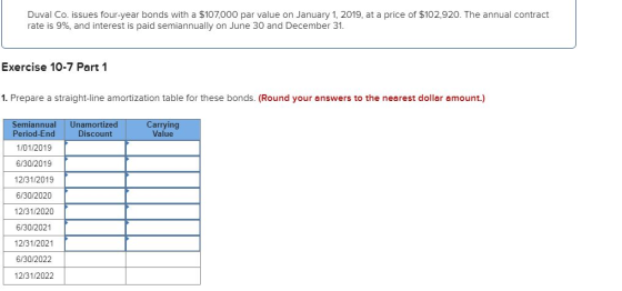 Duval Co. issues four-year bonds with a $107,000 par value on January 1, 2019, at a price of $102,920. The annual contract ra