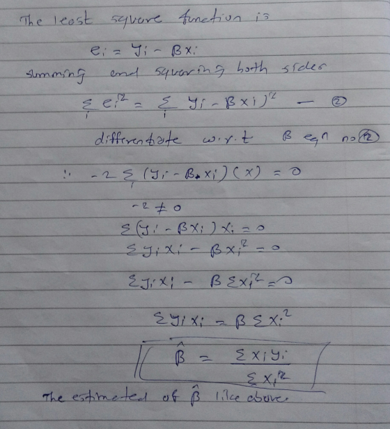 The least square function is ei= J; - Bxi somming and savoring both sides & eit- & TirBxi) - ③ differen harte wert ß ego no