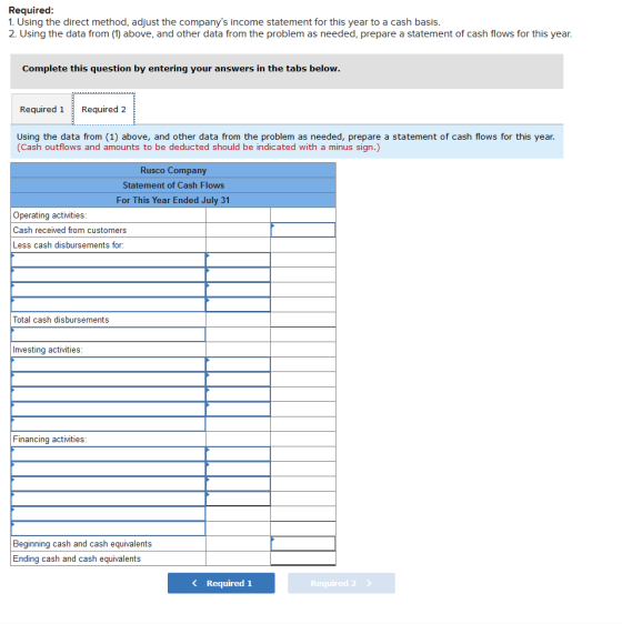 Required: 1. Using the direct method, adjust the companys income statement for this year to a cash basis. 2. Using the data