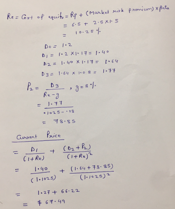 Rez Cost of equity = Rp + (market seisk promicum) x Beta = 6.5t 2.5X1.5 10.25% Do = 1.2 Di = 10281017=1.40 D2= 1.40X1-17= 8.6