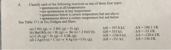 4. Classify each of the following reactions as one of these four types: • spontaneous at all temperatures • not spontaneous a