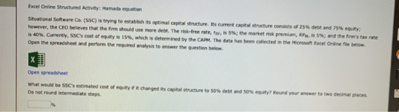 Excel Online Structured Activity: Hamada equation Situational Software Co. (SSC) is trying to establish its optimal capital s