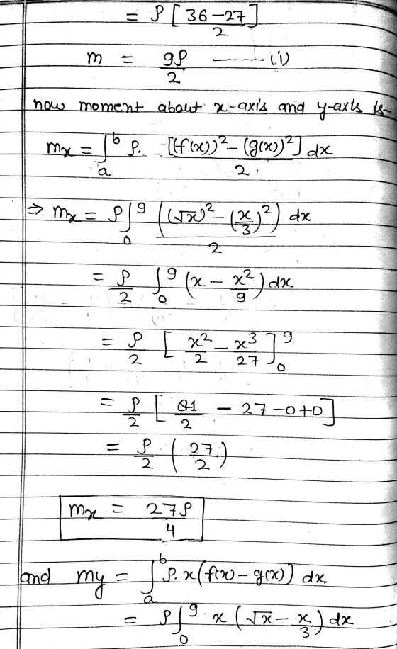 こ P [36-27] 2 m 99 (ن) 2 now. moment about x-axis and y-axts film Mye = [ff (x))2= (g(x))2] doc to а. ma = 819 slo (200² - (