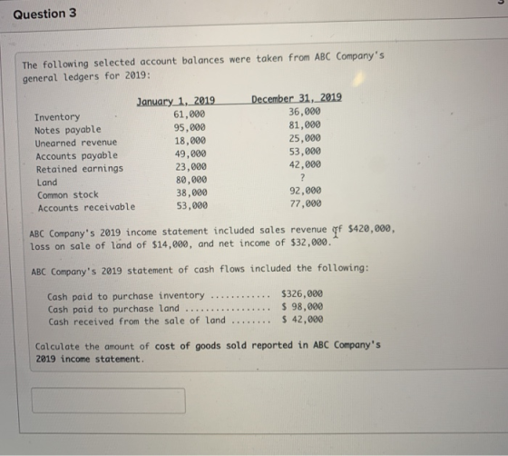 Question 3 The following selected account balances were taken from ABC Companys general ledgers for 2019: January 1, 2019 In