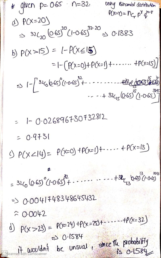* given p=0.65 n=32 eshng Birewal distbutën P(x=>] = ng po ghar d) PCX=203 => 32420 60.65)1°C1-0-65358 3 0-1383 b) PCX>15) =