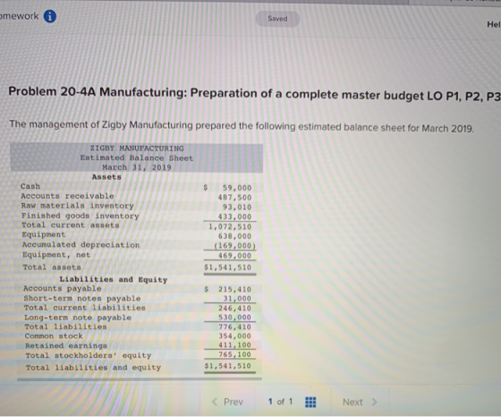 mework i Hel Problem 20-4A Manufacturing: Preparation of a complete master budget LO P1, P2, P3 The management of Zigby Manuf