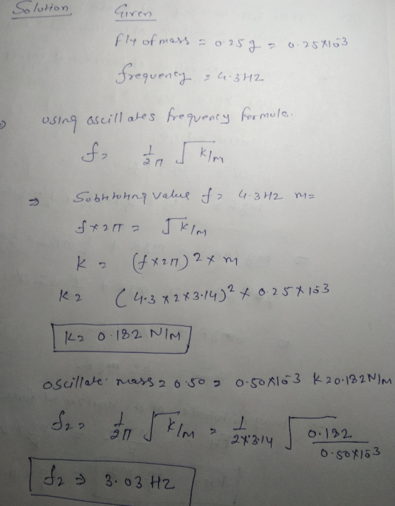 Solution, Giren fly of mass = 0.25g = 0.254103 Frequency 4.3H2 - using oscillates frequency formule. f. 10 J kine Sobritoring