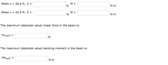 when x = 20.6 ft, V = N·m when x 25.9 ft, V lb The maximum (absolute value) shear force in the beam is: The maximum (absolute
