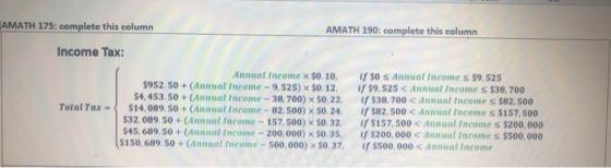 AMATH 175: complete this column AMATH 190: complete this column Income Tax: Total Tax Annual income x $0.10 $952.50 + (Annual