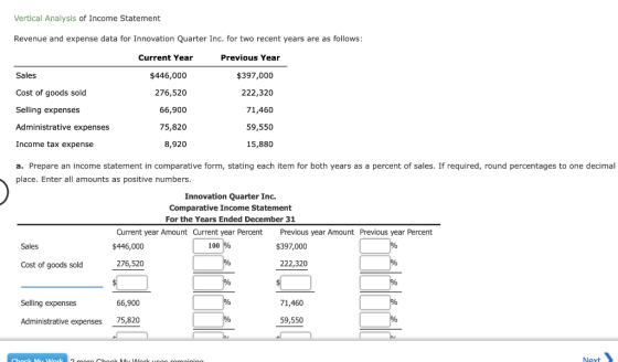 Vertical Analysis of Income Statement Revenue and expense data for Innovation Quarter Inc. for two recent years are as follow