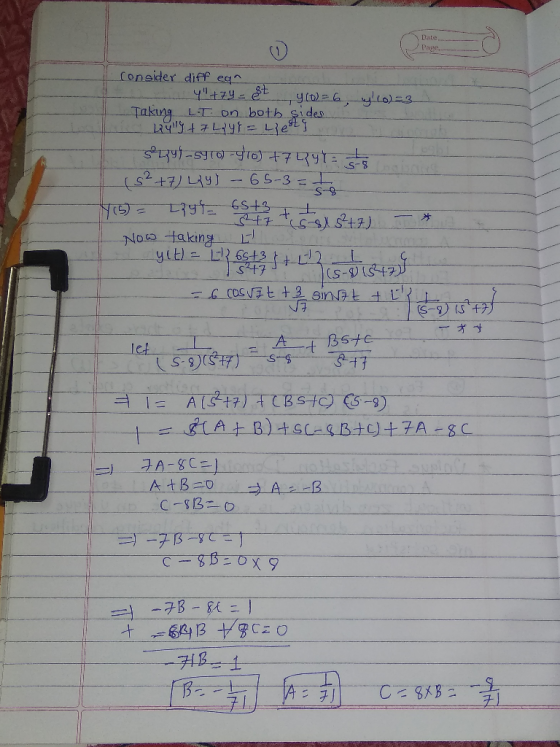 , Date, Page Consider diff eq 4t7y-et LT on both sides Takung LRA7LR Lest (S+7) LRY 6 S-3-1 6-5 Noo taking yitl 6s+3 (s-9S7 -