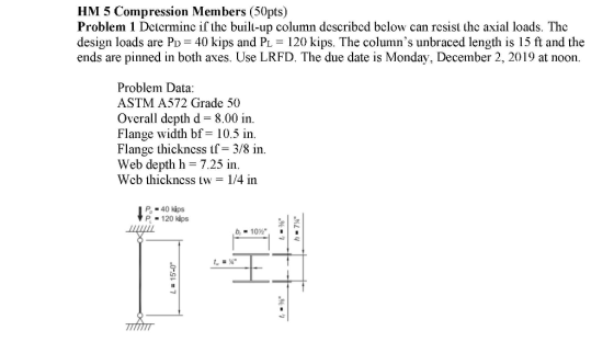 HM 5 Compression Members (50pts) Problem 1 Determine iſ the built-up column described below can resist the axial loads. The d