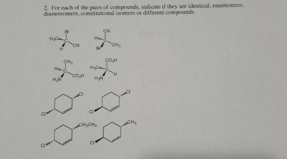 2. For each of the pairs of compounds, indicate if they are identical, enantionmers, diastereomers, constitutional isomers or