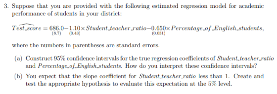 3. Suppose that you are provided with the following estimated regression model for academic performance of students in your d