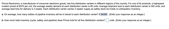 Prince Electronics, a manufacturer of consumer electronic goods, has five distribution centers in different regions of the co