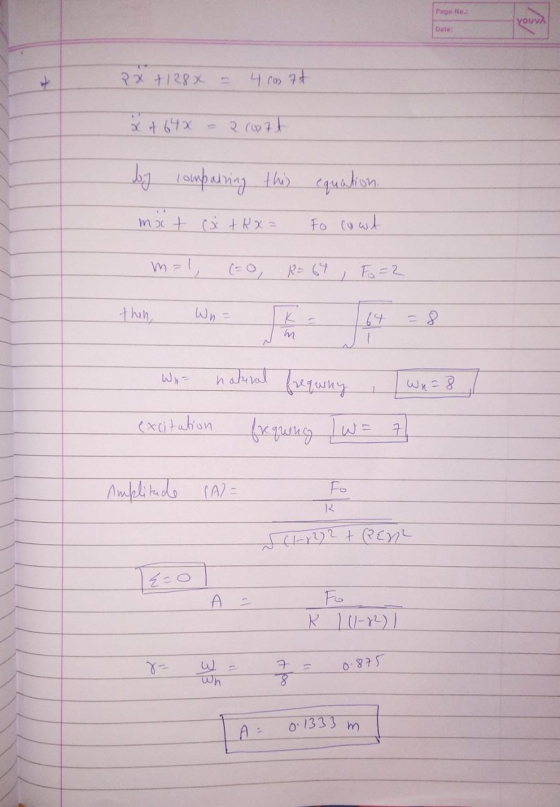 Page No. γουν 2x + 128x 4 con at x + 64x 2007 by comparing this equation. mit cx tkx= To co wil m=1, Fo=2 thing Wn K m - natu