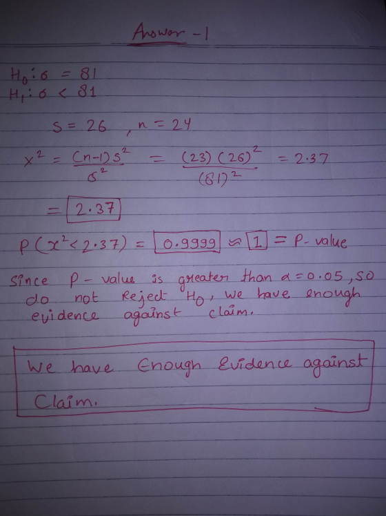 Answor 81 2. (23)(26)--237 12.27 ㄚㄑ 3 7 S? nce-p value s eaten than evidenta ogeins t we nave Claim uidenca against