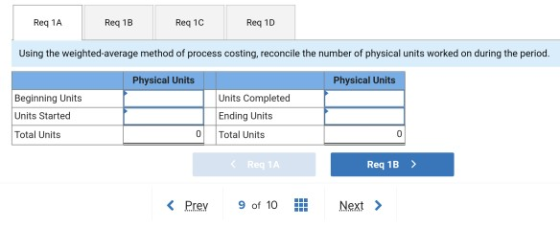 Req 1A Reg 1B Req 1C Req 1D Using the weighted-average method of process costing, reconcile the number of physical units work