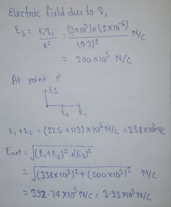 NIC Electric field due to a Ez a kq, . (5x100 + (2x16 No 82 (0.312 = 200 x103 N/C At point E + E2 = ( 225 +113) x10²NCC 2338X