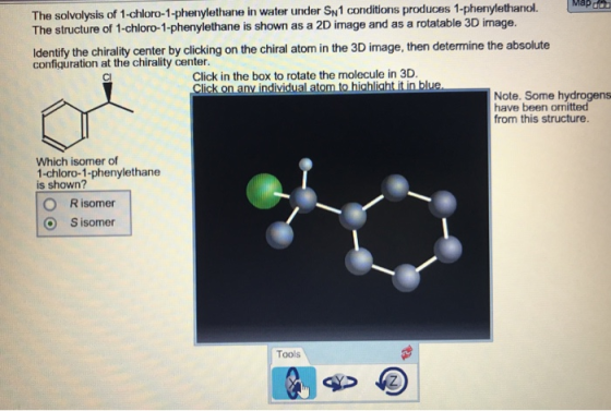 The solvolysis of 1-chloro-1-phenylethane in water under Sn1 conditions produces 1-phenylethanol. Mapo The structure of 1-chl