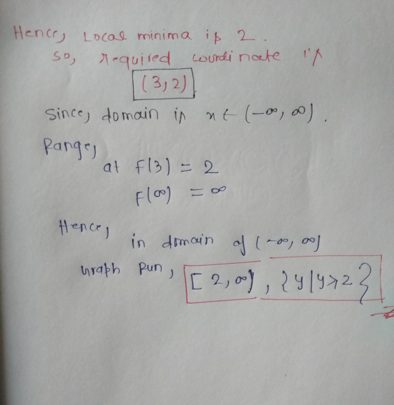 Hence, Local minima is 2 . so required coordinate it 1 (32) Since, domain in nt (-0,ool. Ranges at f(3) = 2 Fla) = a in domai