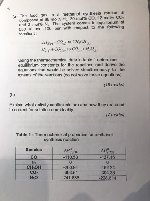 (a) The feed gas to a methanol synthesis reactor is composed of 65 mol% H2, 20 mol% CO, 12 mol% CO2 and 3 mol% N2. The system comes to equilibrium at 550 K and 100 bar with respect to the following reactions: 2H2(g) + CO(g) CH3OH (g) Using the thermochemical data in table 1 determine equilibrium constants for the reactions and derive the equations that would be solved simultaneously for the extents of the reactions (do not solve these equations) (18 marks) Explain what activity coefficients are and how they are used to correct for solution non-ideality. (7 marks) Table 1-Thermochemical properties for methanol synthesis reaction Species CO H2 CH3OH CO2 H20 ,298 s,298 -110.53 -137.16 200.94 393.51 -241.835 -162.24 -394.38 -228.614