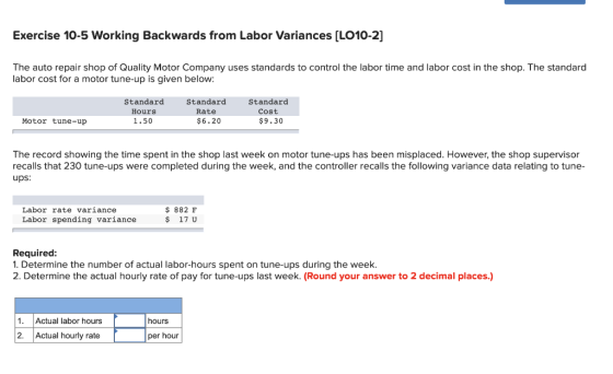 Exercise 10-5 Working Backwards from Labor Variances (LO10-2] The auto repair shop of Quality Motor Company uses standards to