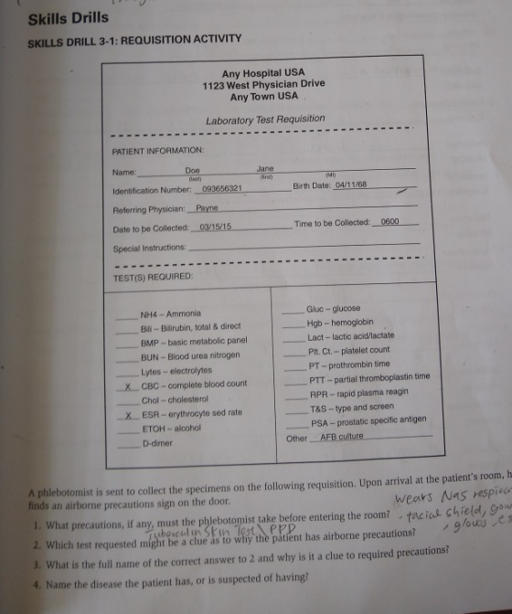 Skills Drills SKILLS DRILL 3-1: REQUISITION ACTIVITY Any Hospital USA 1123 West Physician Drive Any Town USA Laboratory Test