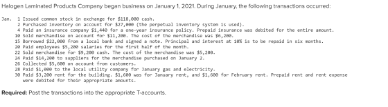 Halogen Laminated Products Company began business on January 1, 2021. During January, the following transactions occurred: Ja