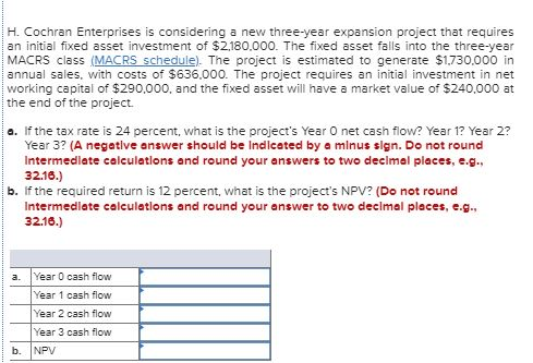 H. Cochran Enterprises is considering a new three-year expansion project that requires an initial fixed asset investment of $
