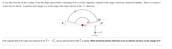 A very thin wire lies in the xy plane. It has the shape shown below consisting of two circular segments, centered at the orig